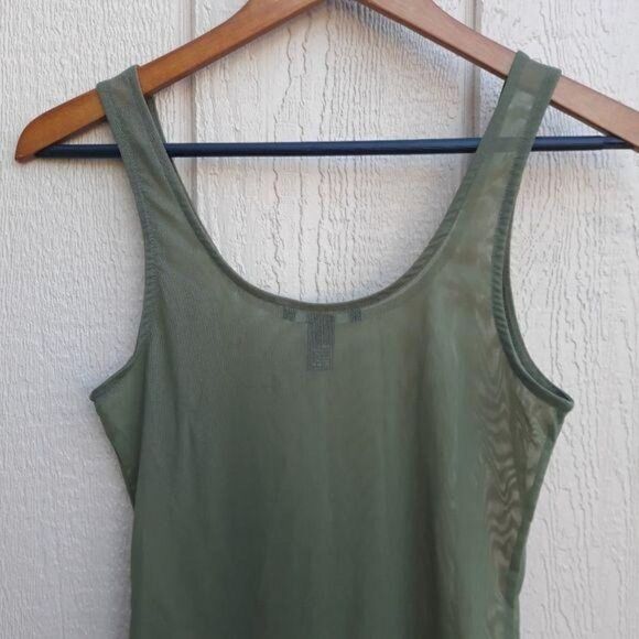 Forever 21 Netted Sheer Military Army Green Scoop Neck Tank Top Bodysuit Sz S - Picture 6 of 7